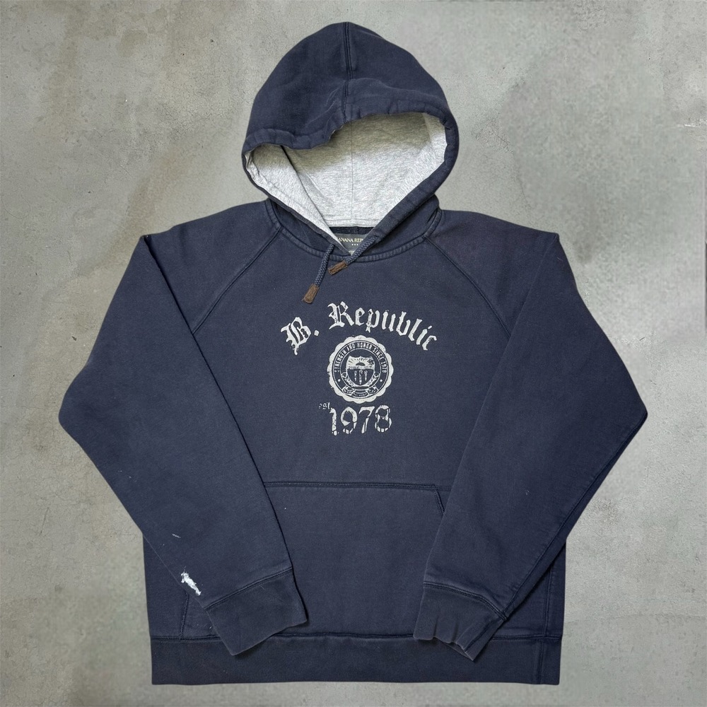 Vintage Banana Republic Hoodie Mens L Navy Blue Collegiate Distressed Raglan